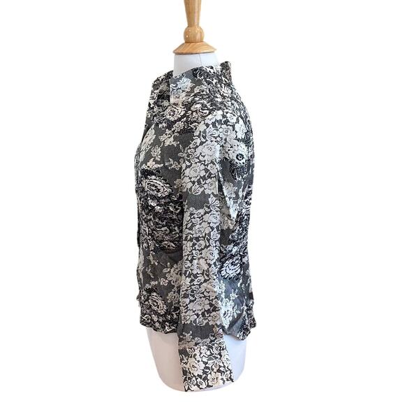 apt. 9 Silk Floral Long Sleeve Button Down Blouse, Black, White, Wide Cuff, S-M - Picture 3 of 12